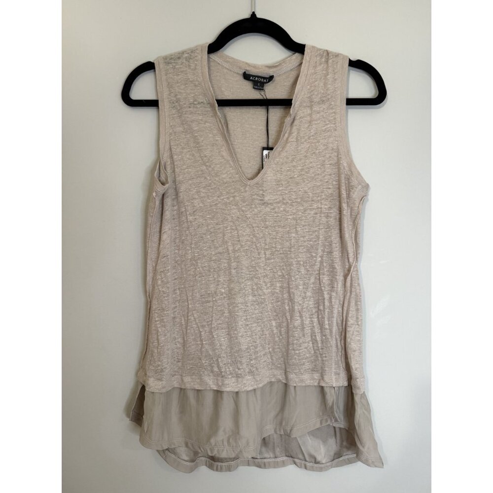 NWT Acrobat V neck Sleeveless Blouse Linen Tan Layered Hemline Size S $54 [jb] - Picture 2 of 5